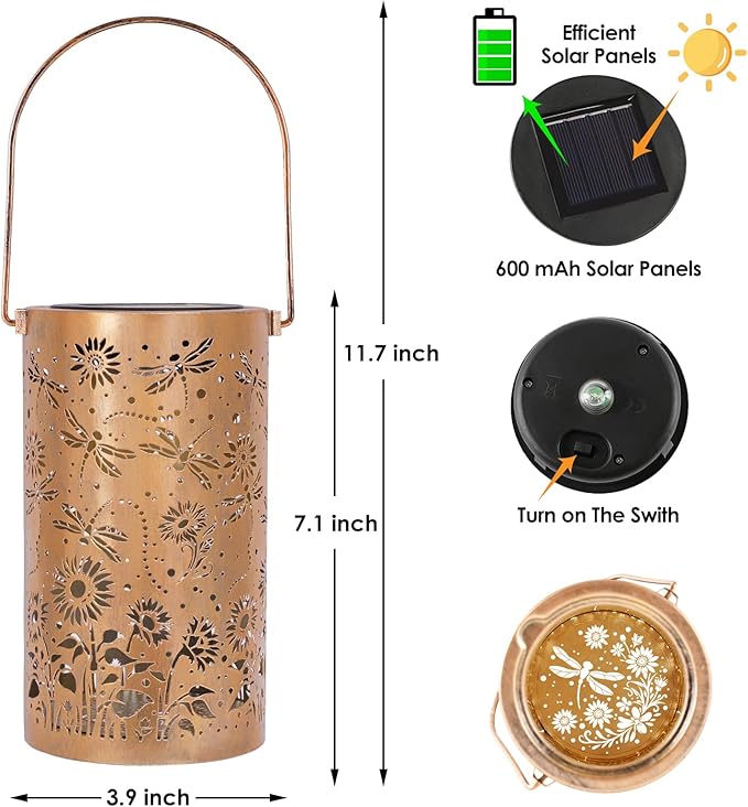 Fabuday Dragonfly Sunflower Solar Lantern Gift for Women - Outdoor Lanterns Waterproof for Patio, Yard, Porch and Pathway, Hanging Outside Garden Decor with Solar Power Lights