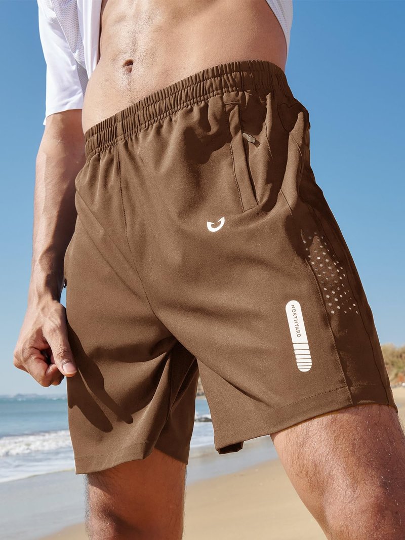 NORTHYARD Men's Athletic Running Shorts Gym Workout 7"/9"/5" Quick Dry Lightweight Sports Basketball Tennis 3 Zipper Pockets Brown 3XL