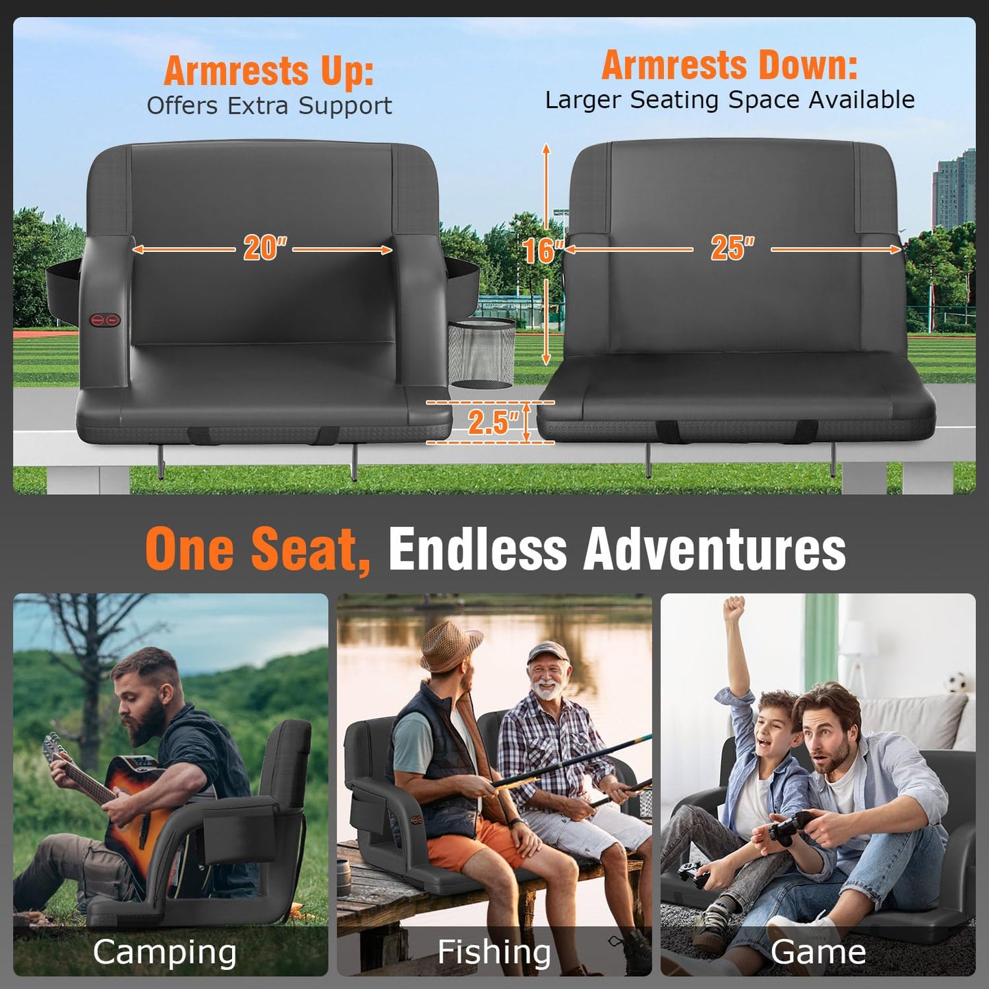 Suteck 2 pcs Dual-Sided Heated Stadium Seats for Bleachers with Back Support, 25" Portable Heated Bleacher Seat with Backrest, 3 Heat Levels, 5 Pockets – Ideal for Outdoor Stadiums and Events - Black