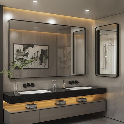ISKM Silver Framed Mirror for Bathroom 55" x 36" Matte Bathroom Vanity Mirror Anti-Rust, Tempered Glass, Rounded Rectangle Mirror(Horizontal/Vertical)