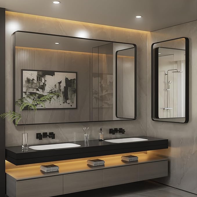 ISKM 48x30 Inch Black Metal Framed Bathroom Mirror for Wall Rectangle Mirror for Vanity Anti-Rust Tempered Glass Decorative (Horizontal/Vertical)