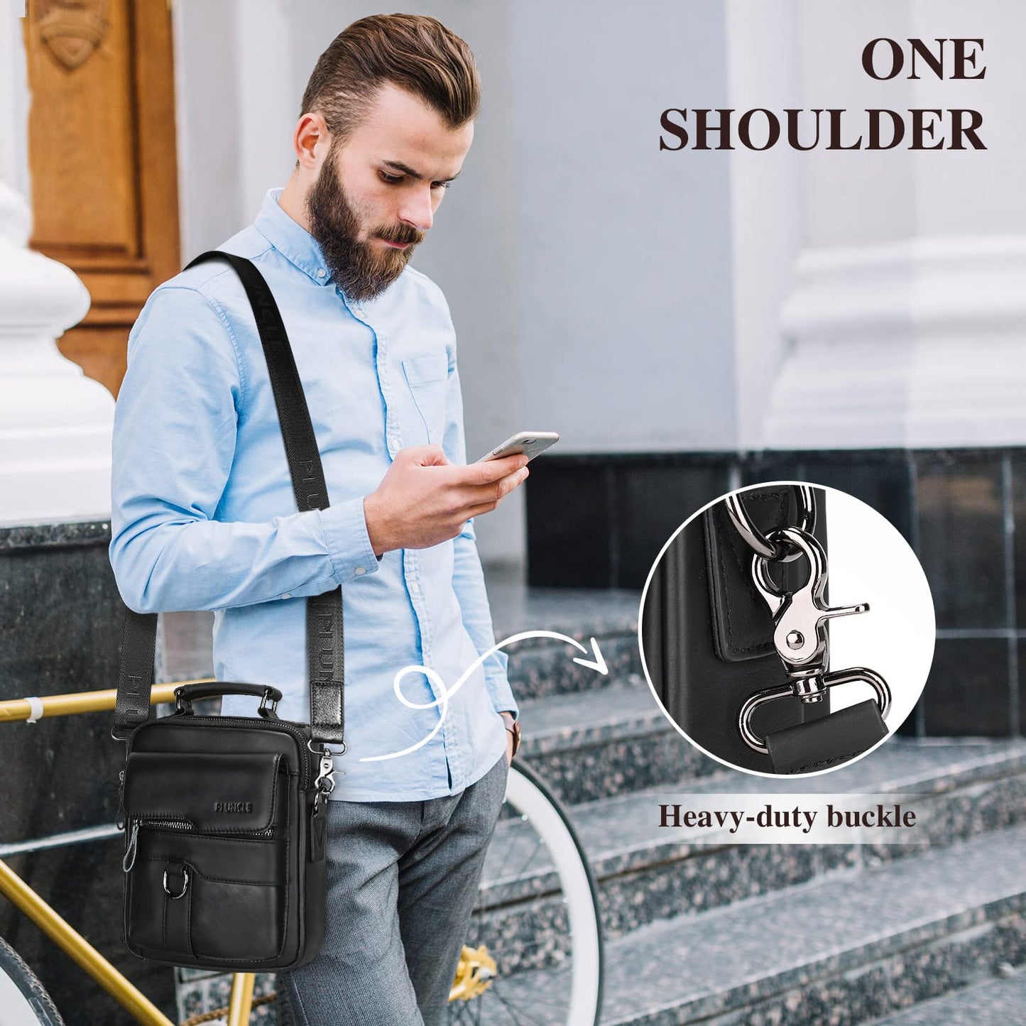 BAIGIO Men's Leather Shoulder Bag - Messenger Briefcase Crossbody Satchel Handbag for Men - Black