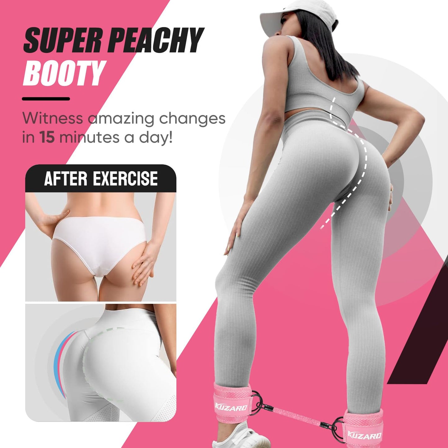 KUZARO Ankle Resistance Bands with Cuffs, Ankle Weights Bands for Working Out, Women Leg and Glutes Workout Equipment, Exercise Bands for Kickbacks, Butt and Booty Trainer, Home Gym Fitness Equipment