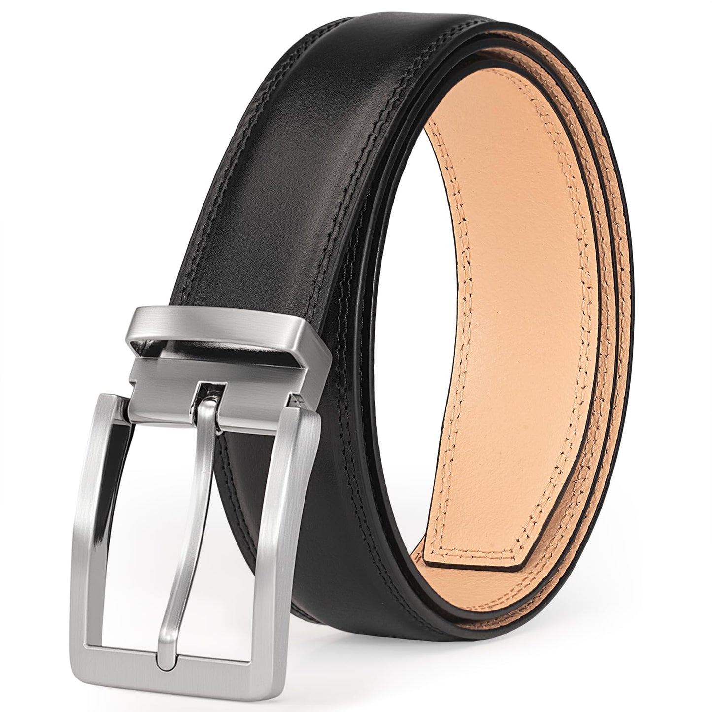wolksprong Mens Dress Belt–Full-Grain Leather Single Prong Buckle Classic for Work Business & Casual (Black, 36(Fit Pants Size 34))