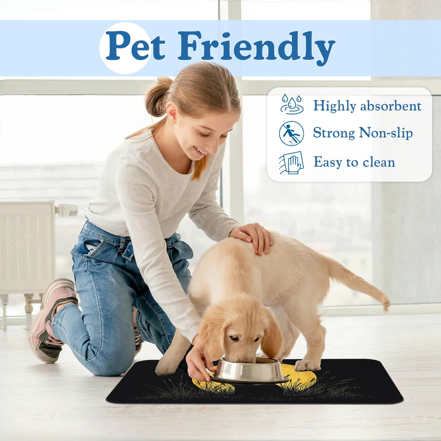 Giner Cat Moon Pet Food Mat for Cats and Dogs–Absorbent Quick Dry Feeding Placemat, Non Slip Rubber Base, Waterproof Bowl Mat for Indoor Use, Pet Supplies 12"x20"