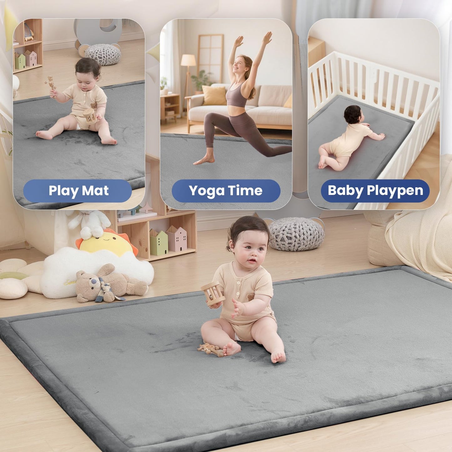 Baby Play Mat for Floor,1.3" Thick Memory Foam Tummy Time Mat,Soft Coral Velvet Nursery Rug,Large Non Slip for Crawling,Toddlers,Infants,Kids,Yoga & Tatami Style for Living Room(Dark Gray)