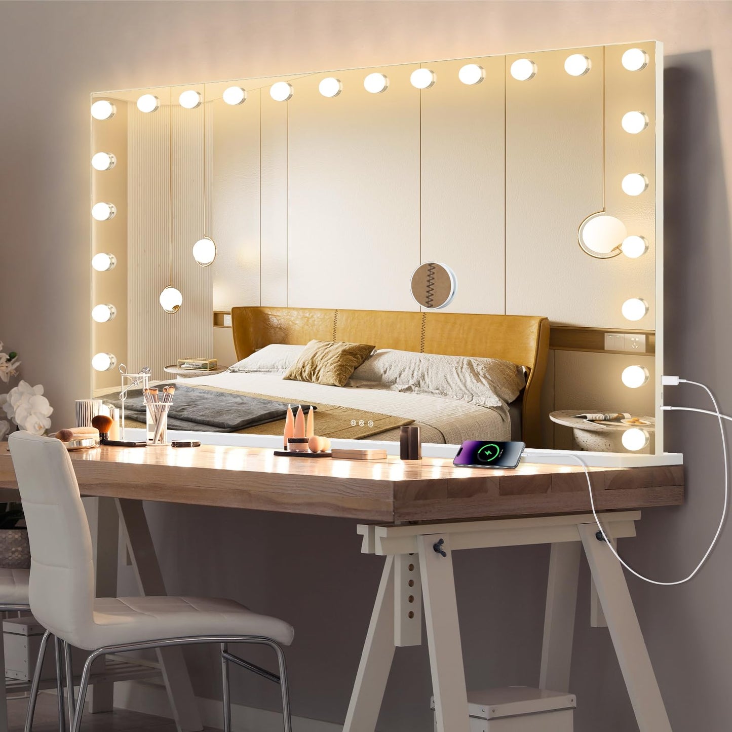 Hollywood Vanity Mirror with Lights, 15 Dimmable Bulbs, 3 Color Lights,Make Up Lighted Mirror, Aluminum Metal Frame, USB Charging Port（23" x 18"）