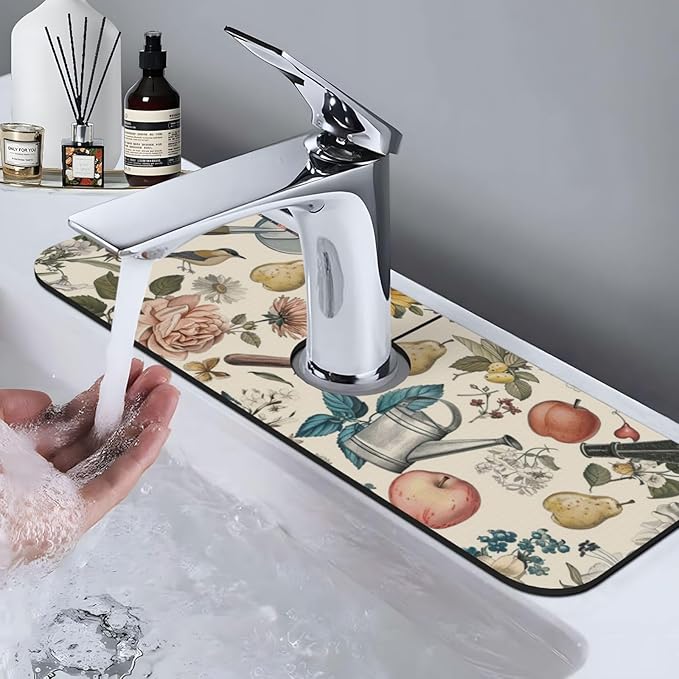 Faucet Draining Mat For Kitchen Sink, Roses Daisies Fruits Garden Diatom Mud