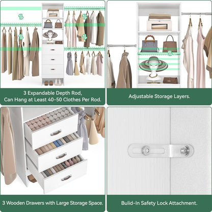 Besiost 96'' Closet Organizer System with 3 Hanging Rods, 8FT Closet Organizers and Storage with 3 Wooden Drawers, Built in Closet Organizer Systems, Adjustable Walk-in Wardrobe from 5-8FT, White