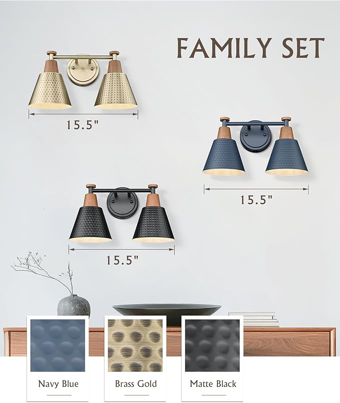 FEMILA 2 Light Bathroom Vanity Light, 15" Modern Bathroom Lighting Fixtures Over Mirror, with Woodgrain Finsih, 4FG59B-2W Blue-NW