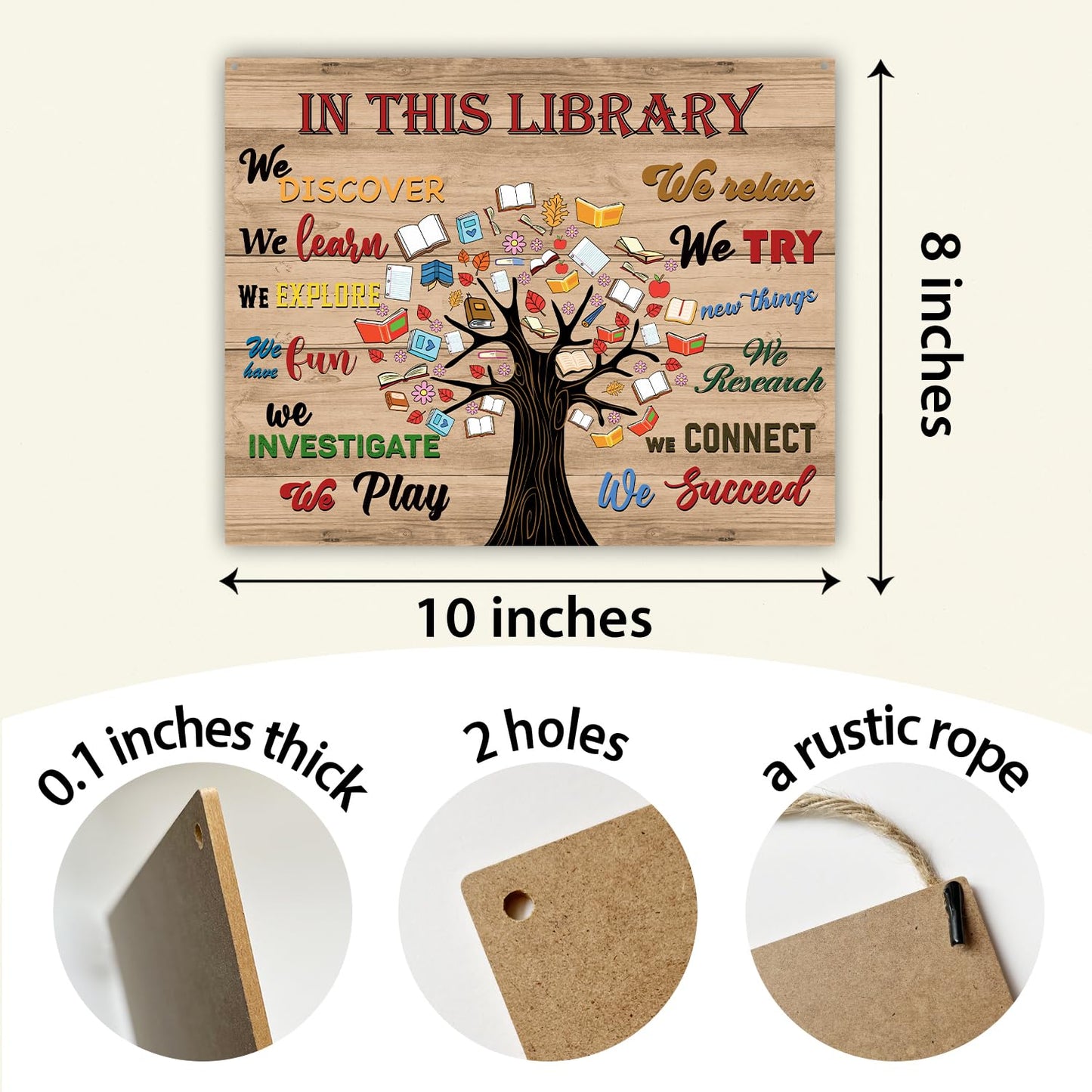 In This Library Wood Hanging Sign, Welcome Reading Room Art Wood Sign Plaque with Rope, Wall Wooden Plaque Hang Ornament, Study School Door Shelf Decor Supplies, Inspirational Christmas Gift -60