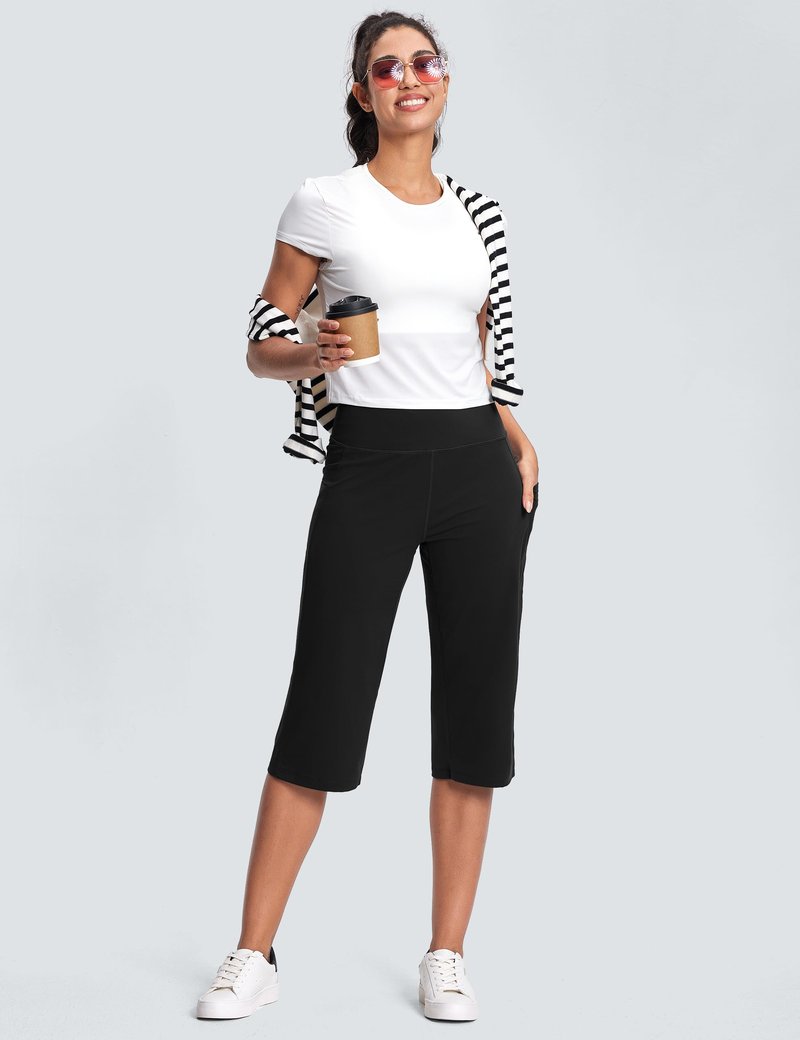 ISEEGZ 18" Capri Pants for Women High Waist with Pockets Women's Capris Workout Yoga Pants Loose Straight Leg Black