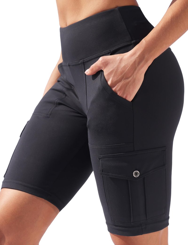 VOOVEEYA High Waisted Workout Biker Shorts Women Tummy Control Yoga Running Shorts with Cargo Pockets Gym Athletic Shorts (Black-L)