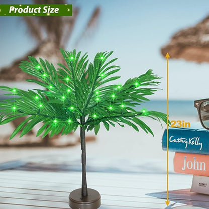 23 In Lighted Palm Tree Table Decor, Tropical Artificial Palm Tree Lights Branches Battery USB Powered, LED Mini Light Up Palm Tree Decor Table Centerpiece for Luau Summer Hawaiian Party Tiki Bar Home