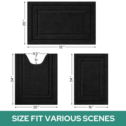 HOMEIDEAS Bathroom Rugs Sets 3 Piece, Super Soft and Absorbent Non Slip Microfiber Toilet Bath Mat with U-Shaped (Black)