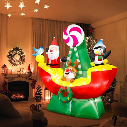 6 FT Christmas Inflatables Animals Sitting on Ship Christmas Blow ups Built in LED Lights Christmas Decorations Inflatables for Christmas Holiday Garden Lawn
