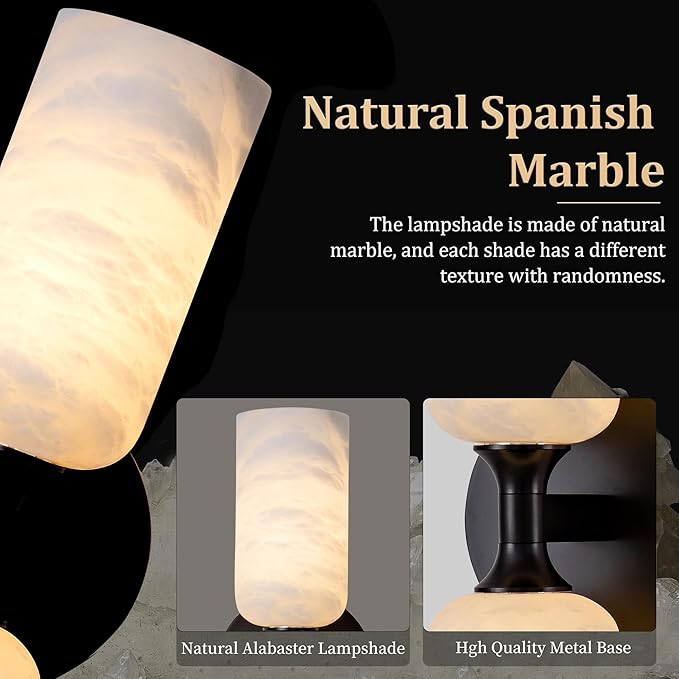 Alabaster Wall Sconce Set of 2, 14in Modern Spanish Natural Marble Bathroom Vanity Sconces, Indoor Black Wall Lighting Fixtures Decor for Bedroom Living Room Staircases