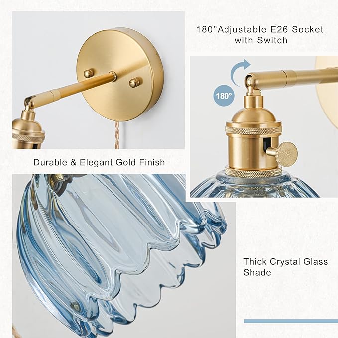 Plug in Wall Sconces Set of 2, Vintage Wall Sconce Light with Tulip Denim Blue Glass Lampshade, 180° Adjustable Wall Sconce with Switch and Plug in wall lamp Cord, Gold Wall Light Wall Decor Set of 2