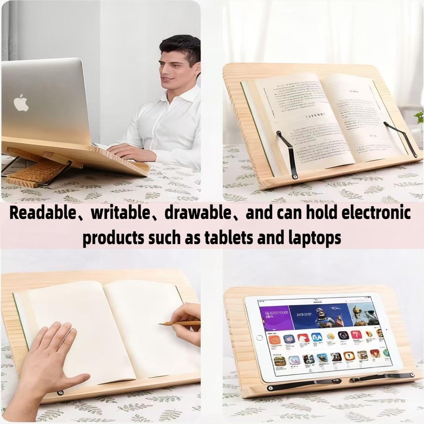 Reading Rack Wooden Bookshelf - Book Stand Foldable with 8 Adjustable Positions and Page Clips,Suitable for cookbooks、iPads、laptops、Sheet Music、and Reading Stands (11x7.9inch)