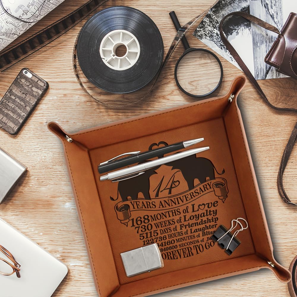 Bella Busta-14 Years Anniversary-Forever to Go- Traditional Ivory Theme Design for 14th Wedding Anniversary -Engraved Leatherette Valet Tray (Rawhide)