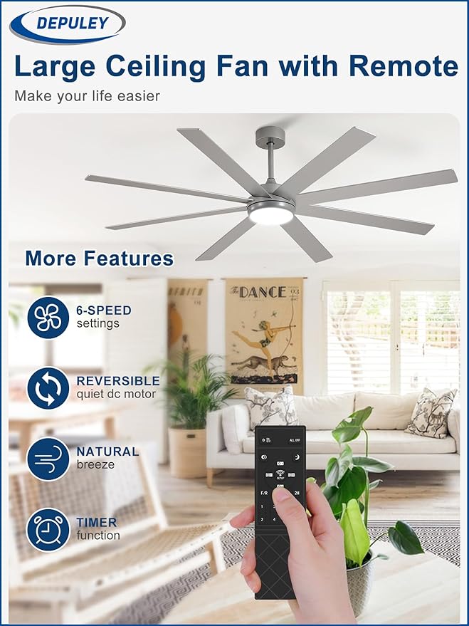 Depuley 72" Ceiling Fans with Lights: Large Indoor/Outdoor Ceiling Fan for Patios Living Room - 8 Blades Silver Dimmable Ceiling Fans with Remote APP Control Timer Reversible Quiet DC Motor 6 Speeds