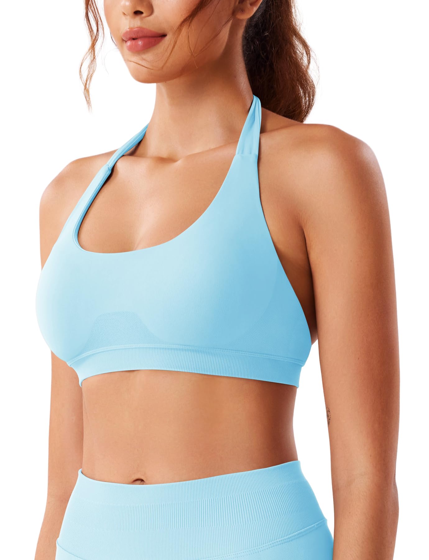 VOYJOY Women Workout Impact Bras Medium Low Support Halter Sports Bras Seamless Open Back Gym Padded Yoga Crop Top Light Blue S