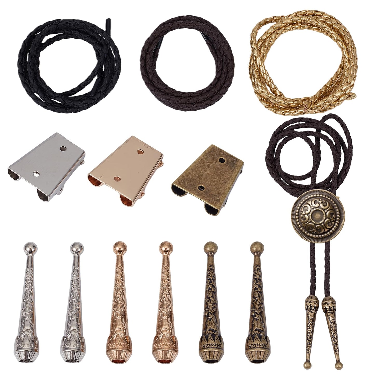 NICENEEDED Bolo Tie Making Kit, Bolo Tie Tips Replacement Accessories with 6 PCS Zinc Alloy Cord End 3 PCS Slide Clasps and 3 PCS Leather Necktie Cord, Western Style Tie Supplies for Bolo Tie Making