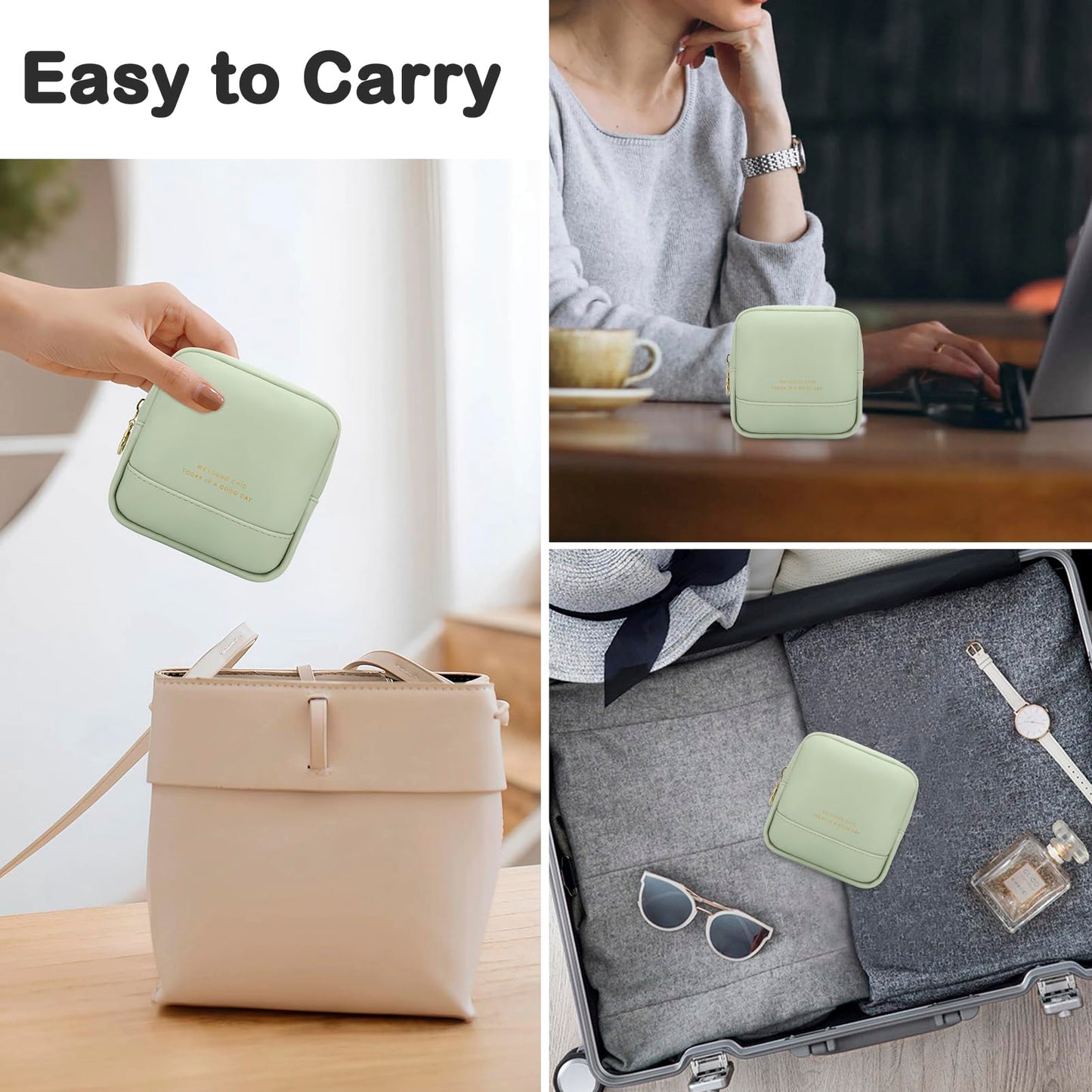 JINSI Small Makeup Bag for Purse,PU Leather Cute Travel Cosmetic Pouch Mini Make Up Bag for Organizer Toiletry Case for Women Girls with Interior Pockets and Zipper (Green)