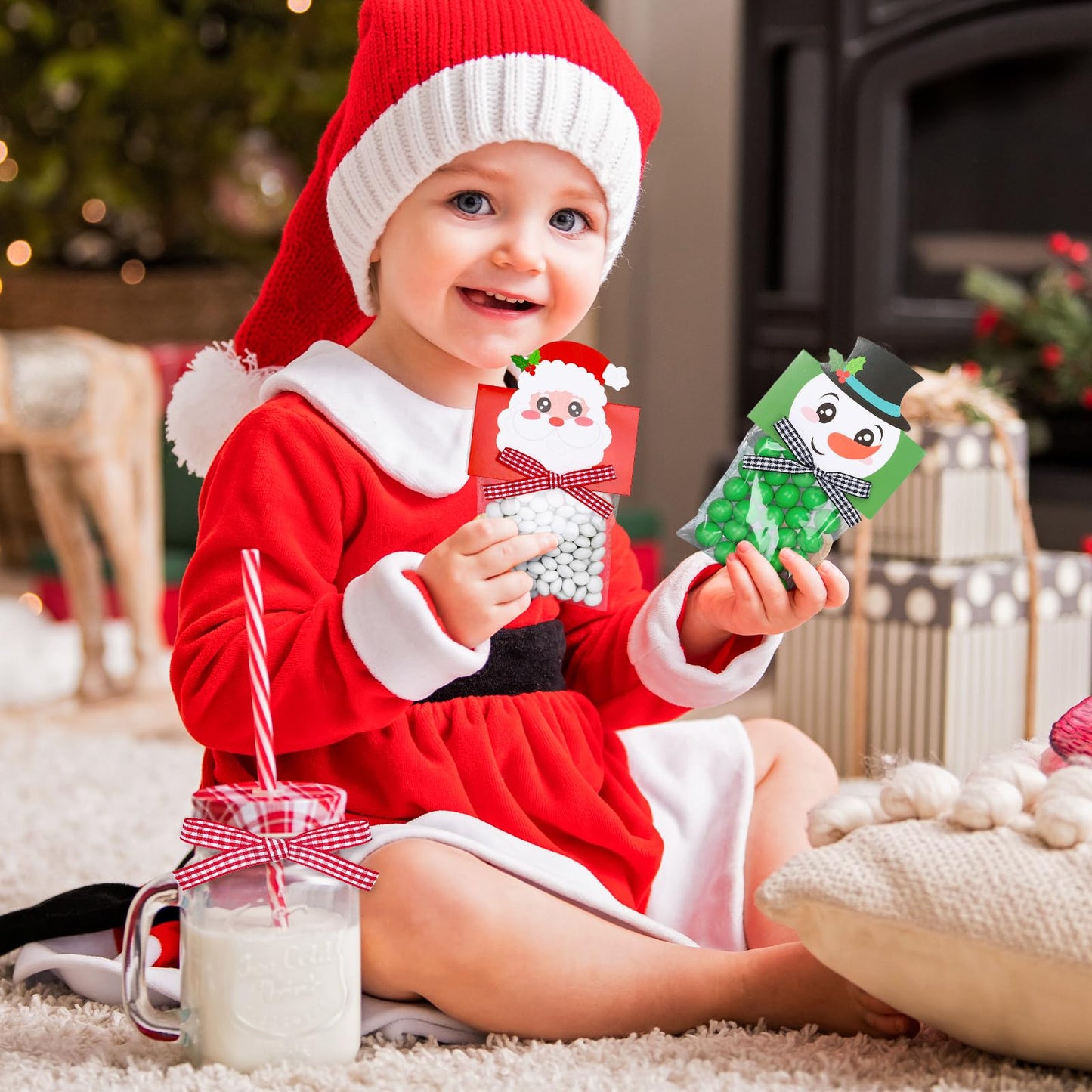 Whaline 180 Pcs Christmas Self-Adhesive Goody Bag with Topper Bow Snowman Santa Elk Gingerbread Candy Cello Bag Plastic Xmas Favor Treat Bag for Winter Party Wrapping