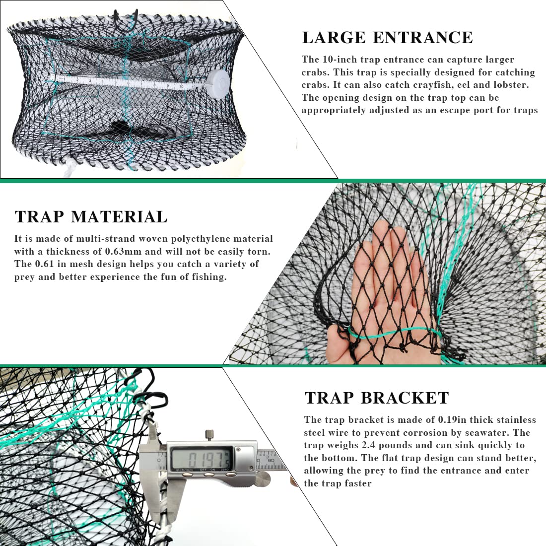 Drasry Crab Trap Bait Lobster Crawfish Shrimp Portable Folded Cast Net Magic Collapsible Fishing Traps Nets Accessories for Blue Crabs 2PCS (23 in * 9.8 in) Green (0.61 in Mesh)