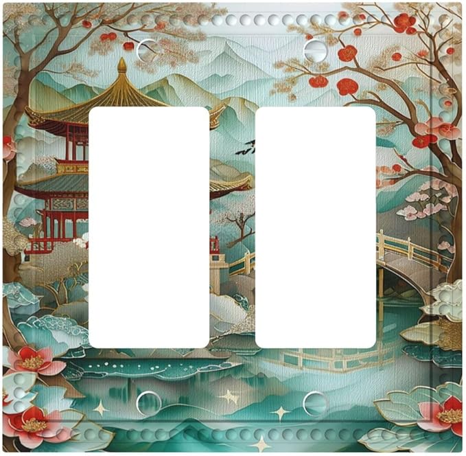 Asian Palace Traditional Bridge Cherry Blossoms Dual Outlet Covers Wall Plate 2 Gang Rocker Decorative Switchplate Electrical Faceplate GFCI Light Switch Covers for Farmhouse Living Decor