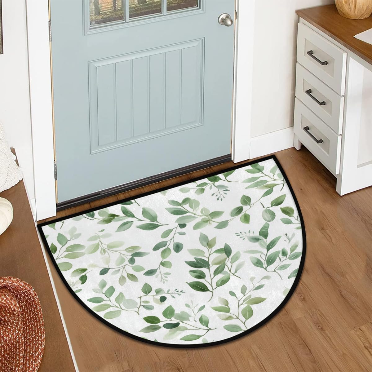 Eucalyptus Leaves Half Round Door Mat Soft Non Slip Semi Circle Bath Rug with TPR Backing,Sage Green Botanical Welcome Doormat Entryway Rugs for Front Door Living Room Bathroom,36x24IN