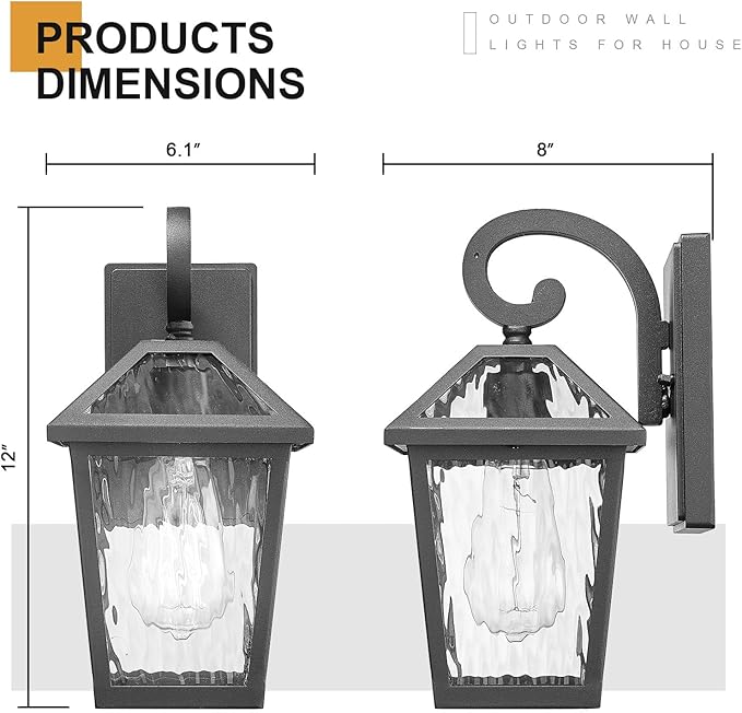Outdoor Lights Fixtures Wall Mount, Outdoor Wall Lantern with Water Ripple Glass, Waterproof Outside Exterior Wall Sconce Lights Fixture for House, Front Porch, Patio, Matte Black
