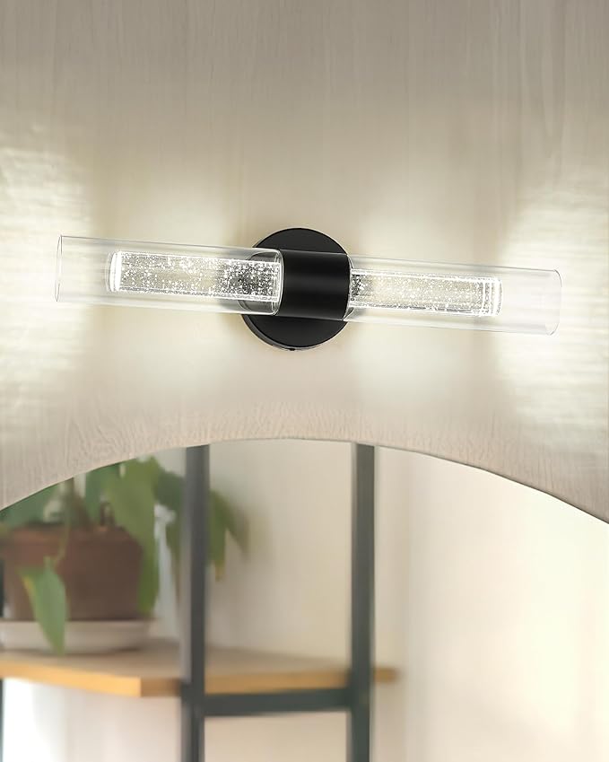 kudos Black Bathroom Sconces Wall Lighting,2 Pack LED Wall Lights with Crystal Bubble and Clear Glass, 3000K/4500K/6000K Adjustable,KDVL05-BK-2-2PK