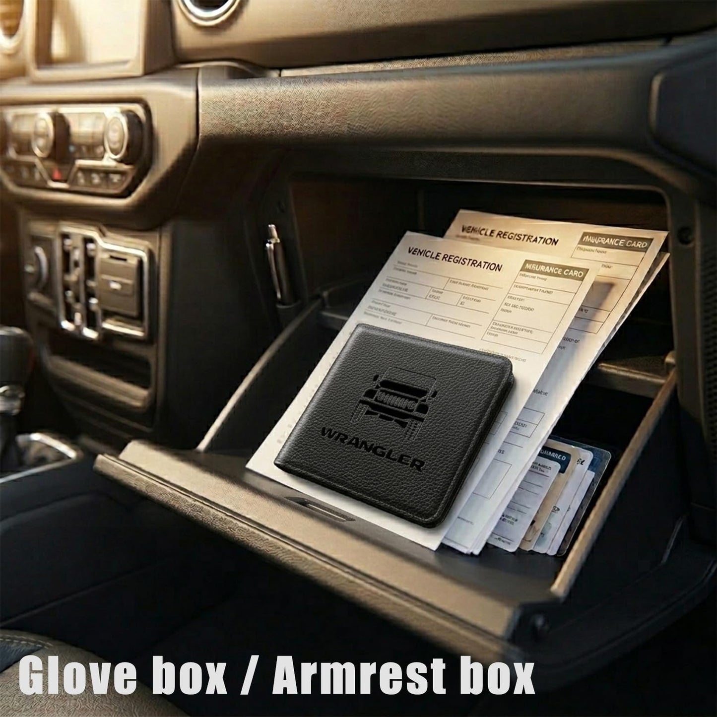 ATBUSTERA Car Registration and Insurance Card Holder for Wrangler JL JLU JK JKU 4XE, Premium Leather Glove Box Organizer, Vehicle Document Wallet for Wrangler Accessories 2007-2026