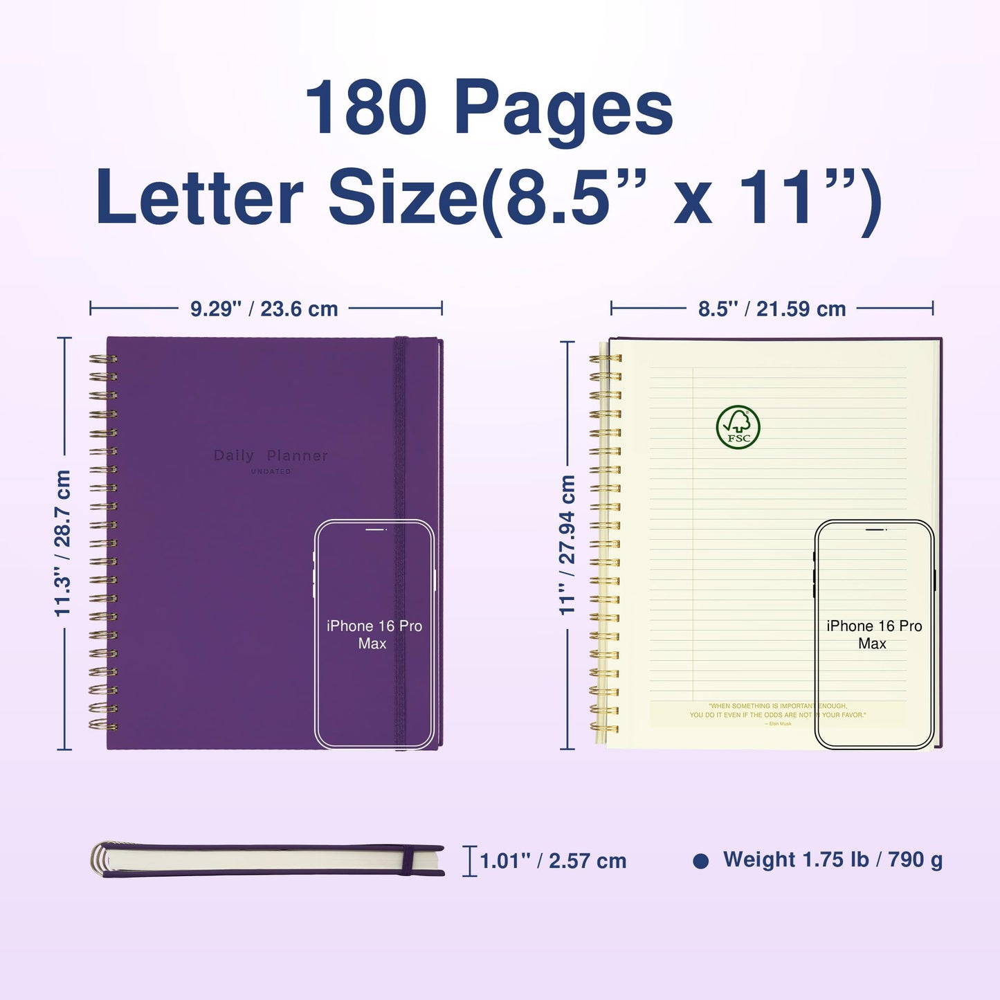 AuroPlanner Undated Daily Planner To Do List Hourly Schedule 2027 2026 2025 Calendar & Holiday Habit Tracker 180 Pages Letter Size 8.5" x 11" Sheets Hardcover Spiral Bound Notebook (Purple Indigo)