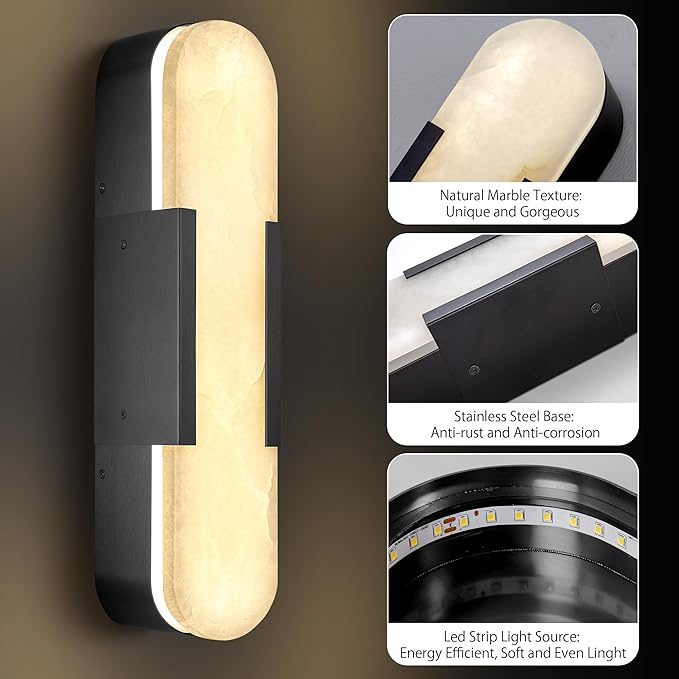 Alabaster Wall Sconces Set of 2,19.7'' Brass Wall Sconce Natural Marble Wall Sconce for Bathroom, Indoor Modern Wall Light Fixtures for Living Room Hallway Stairs Vanity Bedside, Black