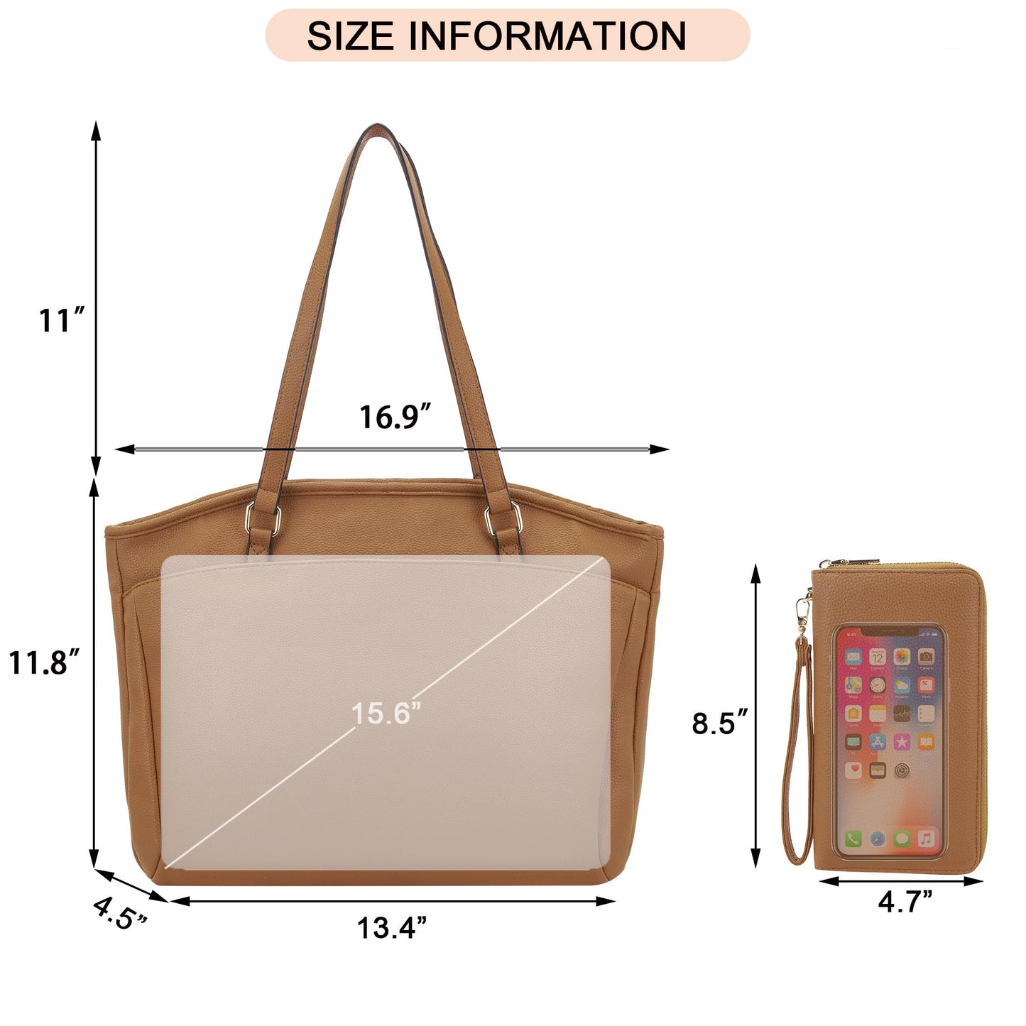 YZAOLL 15.6 Inch Laptop Tote Bag for Women,Water-resistant Vegan Leather with Anti-Scratch Padded Sleeve,Lightweight Multi-Pocket Work Bag for Business Travel,College,Office Essentials,Brown