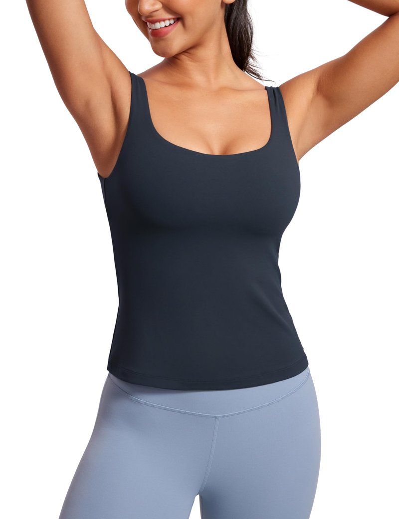 CRZ YOGA Butterluxe U Neck Tank Tops for Women - Padded Athletic Workout Camisole Crop Tops with Built in Bra True Navy Small