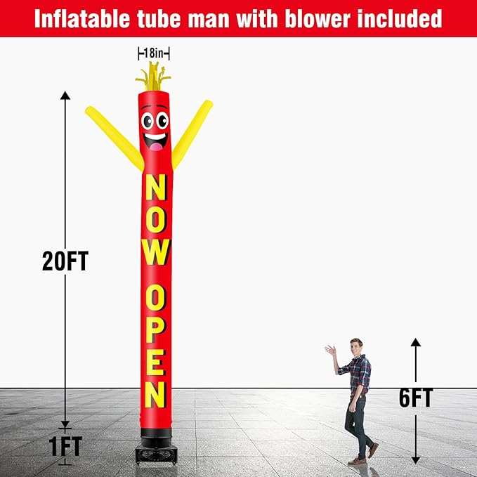 20FT Tall Inflatable Tube Man Now Open Wacky Wavy Dancing Guy with 1.5 HP Weather-Resistant Blower (18''Diameter) for Outdoor Decoration Advertising Business Promotion