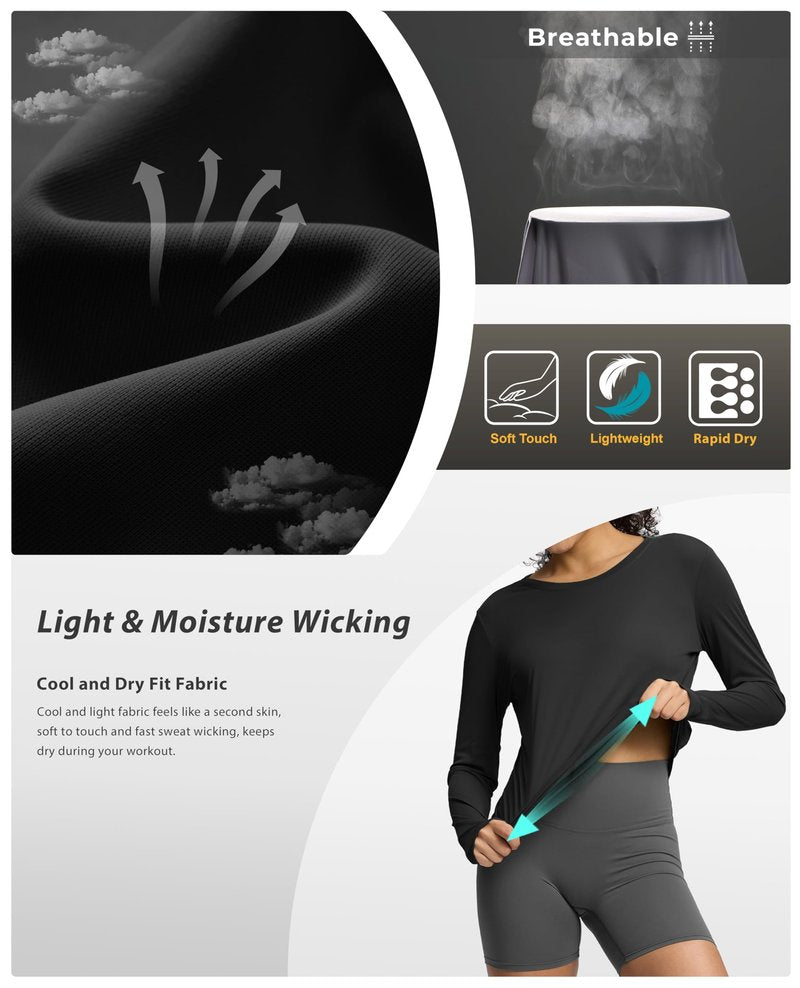 Soothfeel Women's Long Sleeve Workout Tops Running Hiking Athletic Shirts Active T-Shirts Wicking Quick Dry Soft Lightweight Black M