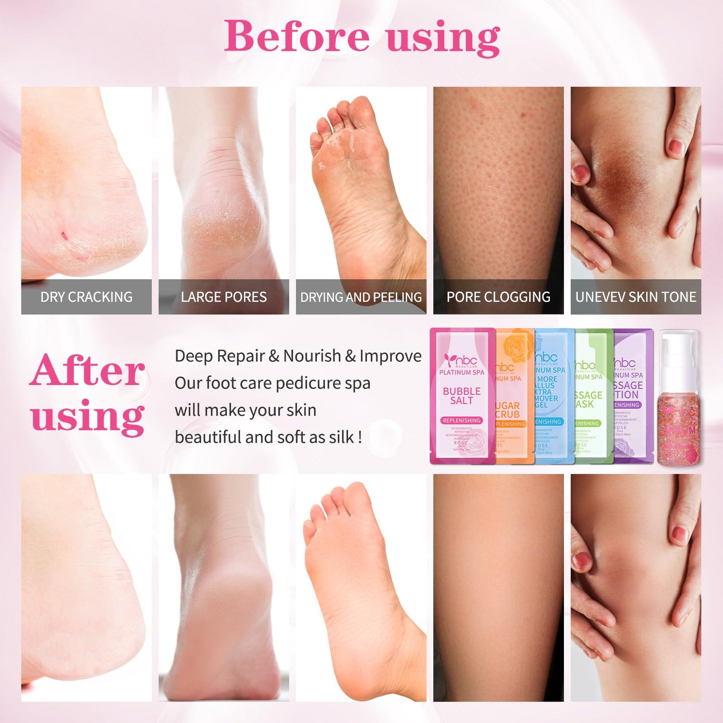 Pedicure Kit Foot Soak Set: Bubble Salt, Sugar Scrub, Massage Mask, Massage Lotion in a Box, 4 Step Foot Spa Kit for Dry Feet,Tired Feet（3 Set Tropical Fruit)