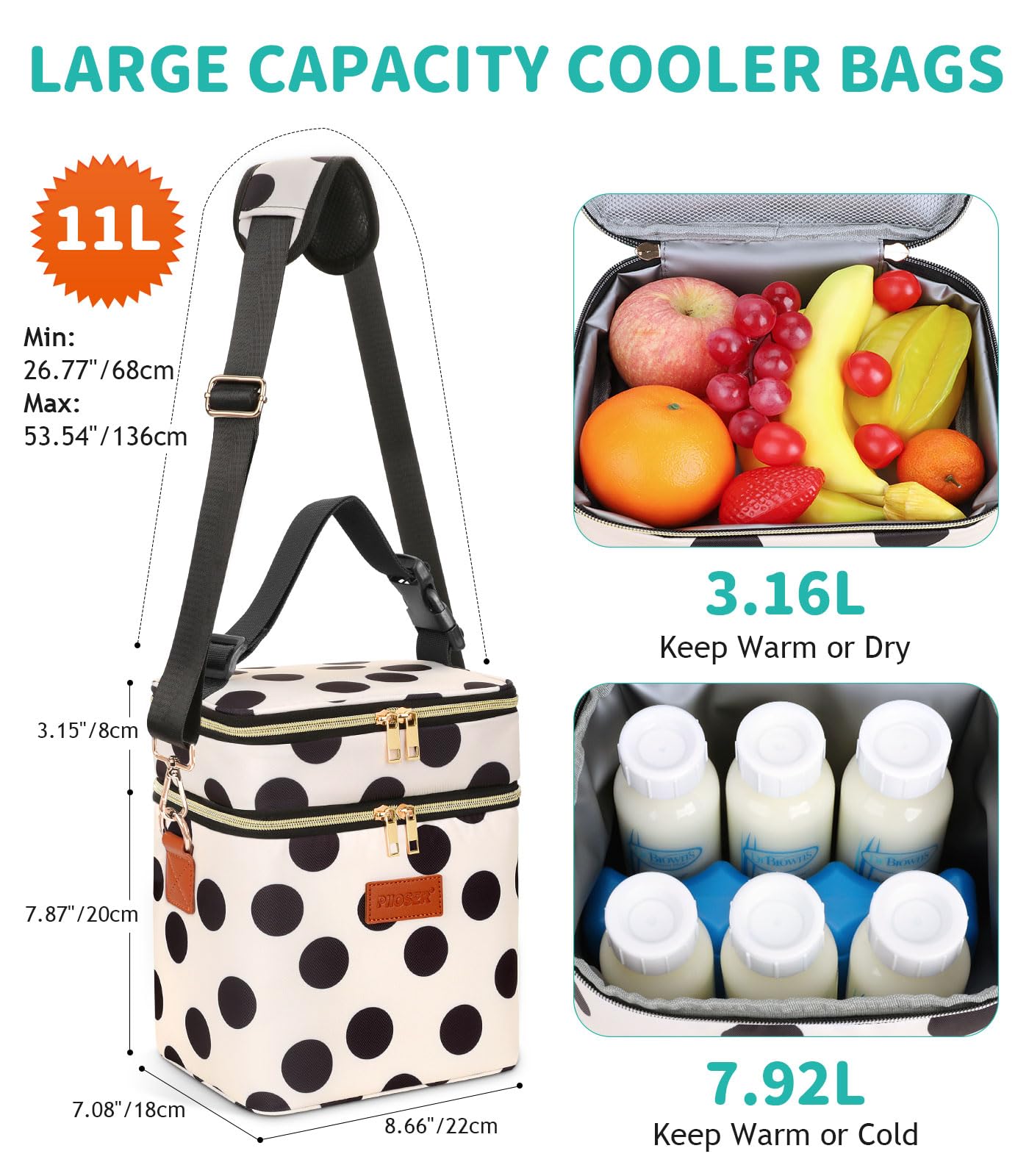 PIIOSER Breastmilk Cooler Bag with Ice Pack, Fits 6 Baby Bottles Up to 9 Oz, Stylish Baby Cooler Travel Bags with Shoulder Strap, Double Layer & Leakproof for Nursing & Working Moms, Black Polka Dots