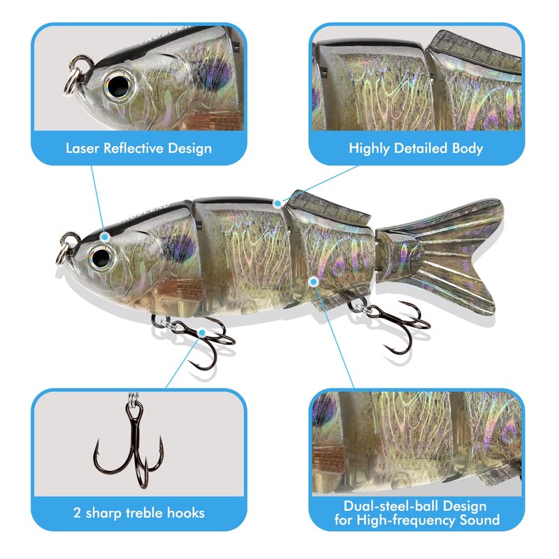 TRUSCEND Easy Catch SwimMax with BKK Hooks, Magic Noisy Wiggling and Vibrating Actions for More Bites, Lifelike Fishing Lures for Bass Trout Walleye Crappie, Strongest Dyneema Fiber Jointed Swimbaits