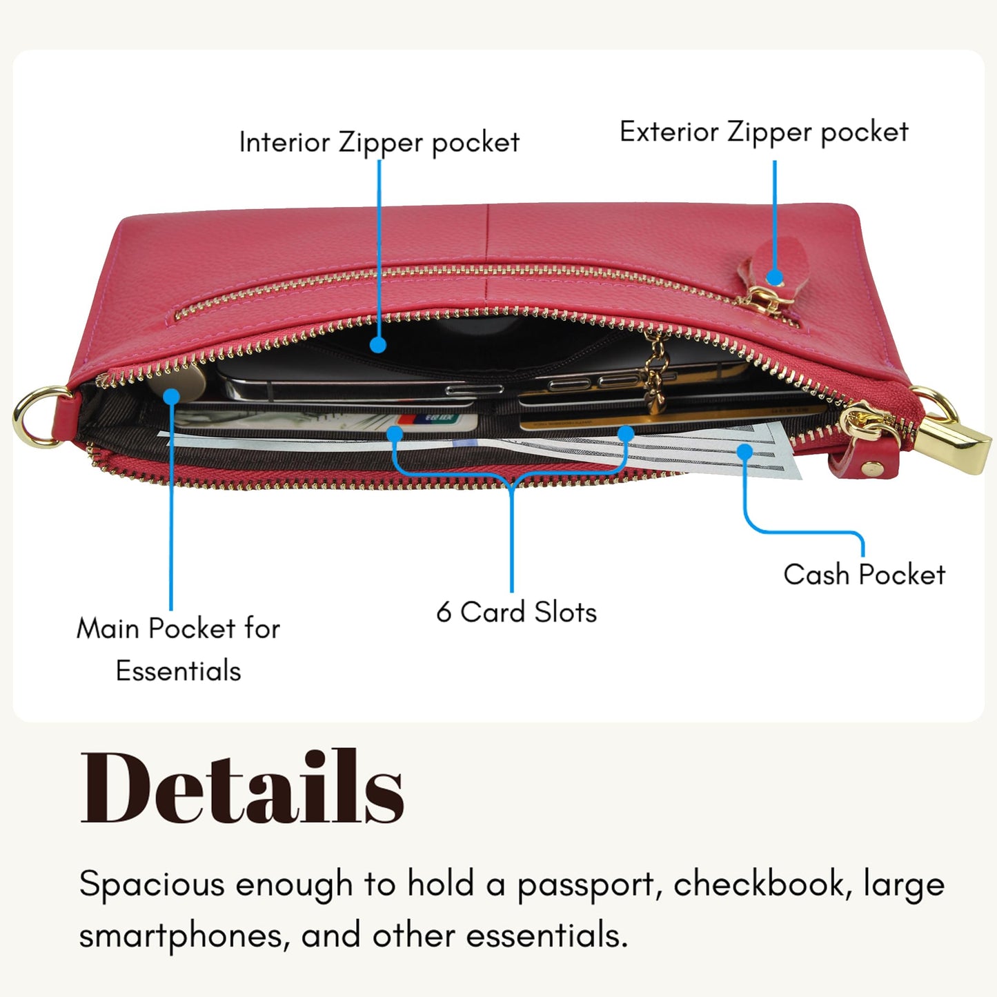 NGIL Women Genuine Leather Crossbody Wristlet, Women's Handbag, Chic Shoulder Bag Small Wristlet Wallet, Golden Accent Zipper (Hot Pink, Medium)