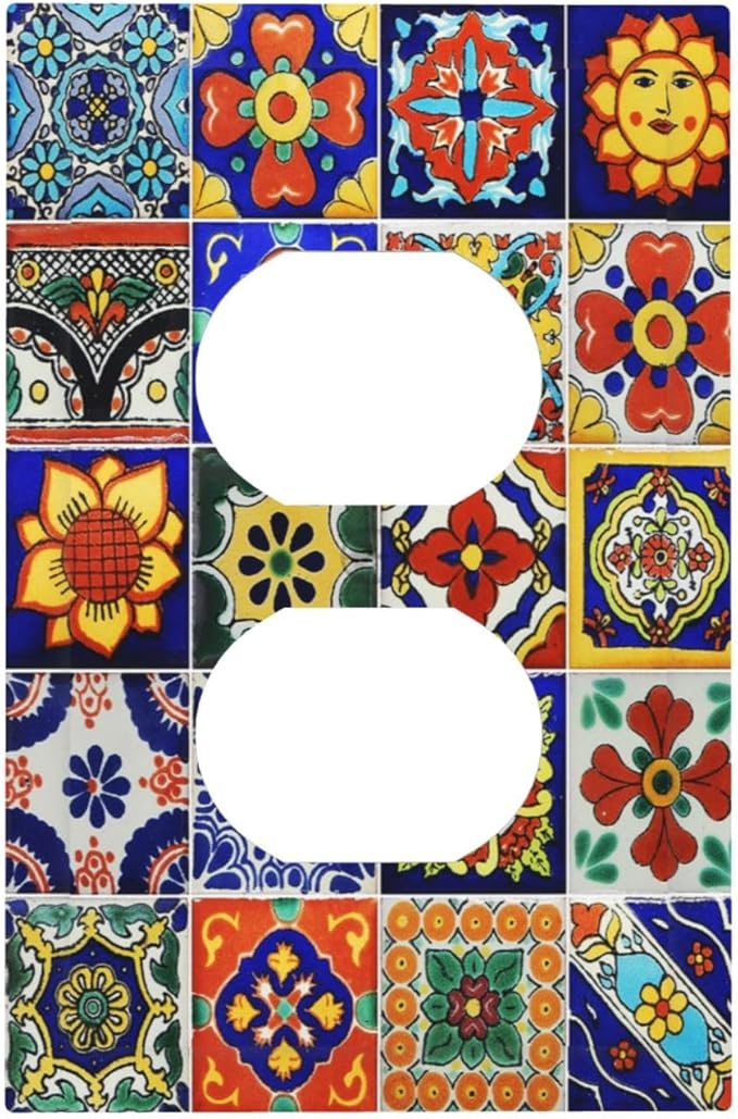 Traditional Colorful Talavera Mexican Spanish Moroccan Tiles 1 Gang Duplex Receptacle Switch Wall Plate Decorative Switchplate Outlet Covers Electrical Plug Cover Faceplate for Home Decor