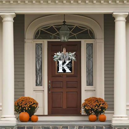 Ultra Large 14'' Last Name All Year Round Front Door Wreath with 26 Initial Letter Welcome Sign All Seasons Eucalyptus Garland and Bow Wreaths for Front Door Porch Farmhouse Decoration (K)