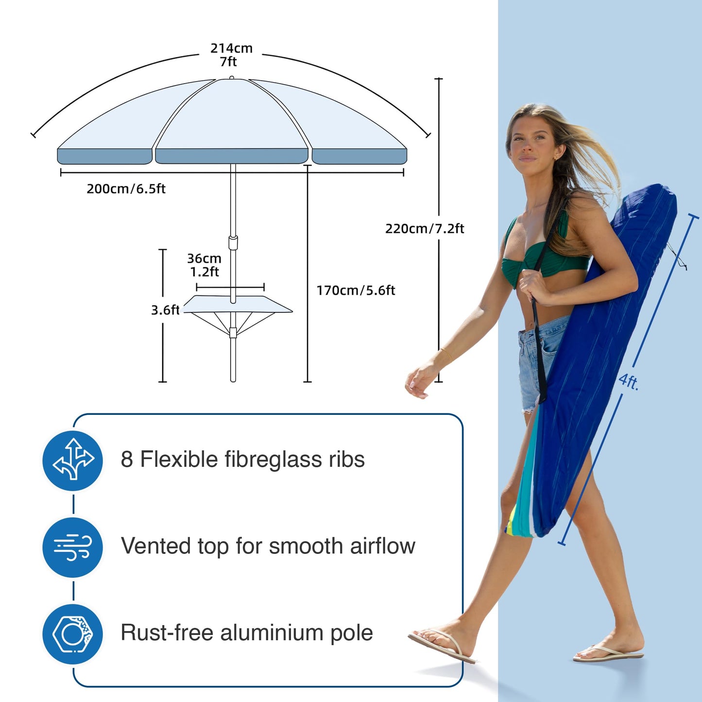AMMSUN 7ft Heavy Duty High Wind Beach Umbrella with sand anchor, Built-in Table Tray Vent Tilt Pole, UPF 50+ Windproof Portable Outdoor Umbrellas Carry Bag for Patio Garden Pool Backyard stripe