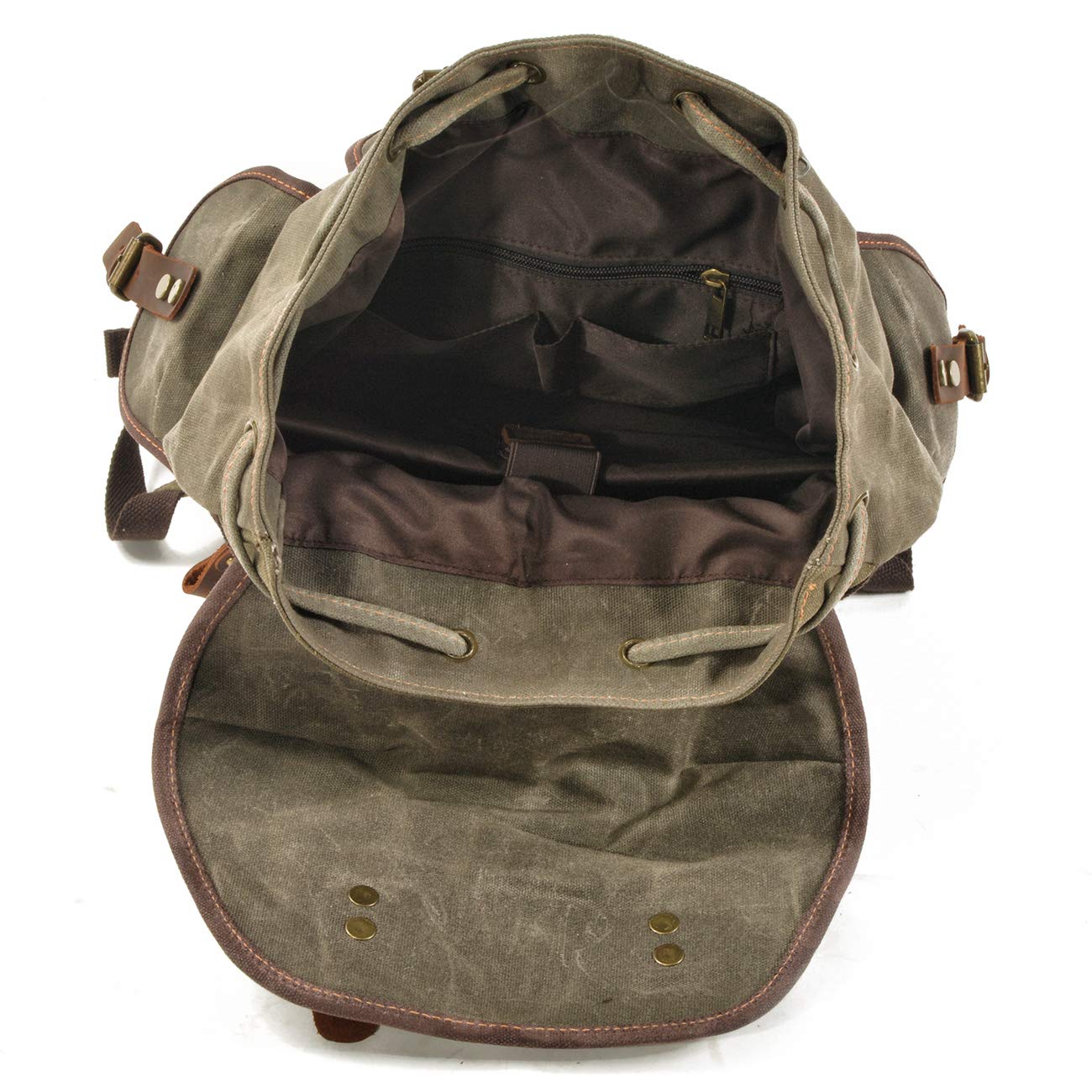 WUDON Men Travel Backpack, Genuine Leather-Waxed Canvas Shoulder Hiking Rucksack (Khaki)