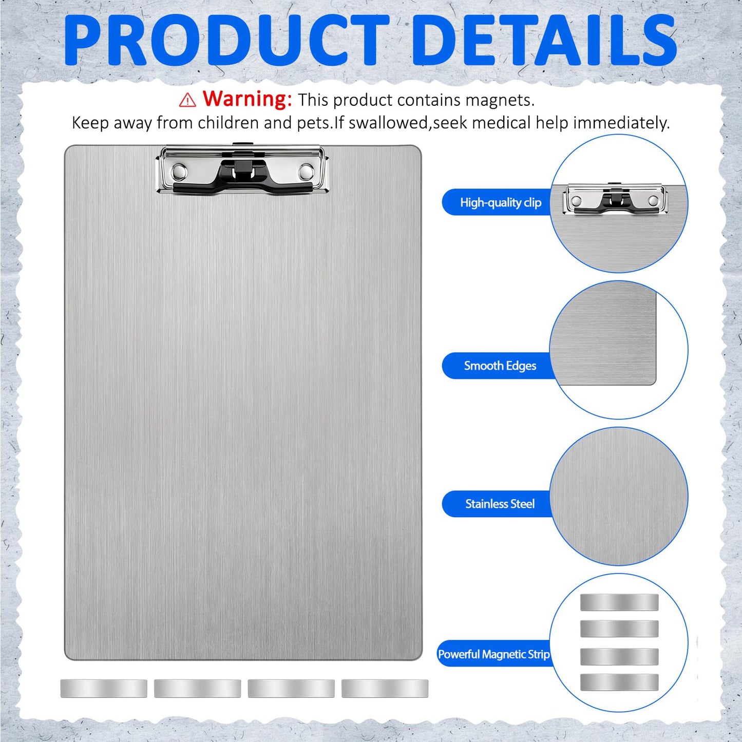 Seajan 1 Pack Stainless Steel Magnetic Clipboards with 304 Low Profile Clip Metal Magnetic Clipboards Stainless Steel A4 Letter Size Document Holder for Office Fridge Recipe Splint (Silver,9x12.5inch)